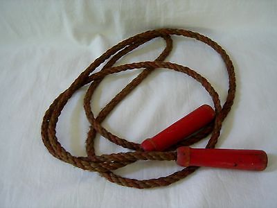 VINTAGE SKIPPING JUMP ROPE WITH RED WOOD HANDLES AND BRAIDED TWINE 72