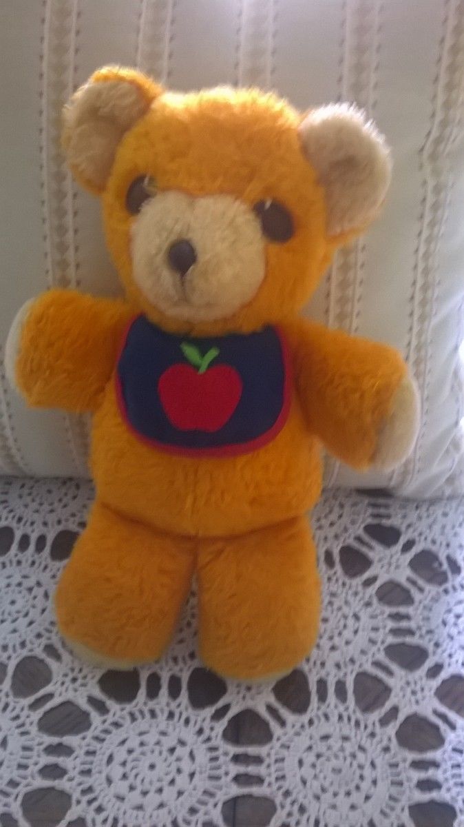 Vintage 1975 Fisher Price Orange Freddy Bear With Tag, Squeaker And Apple Bib .