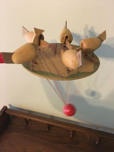 Vintage Carved Wood Toy German Pecking Chickens Paddle Folk Art String & Weight