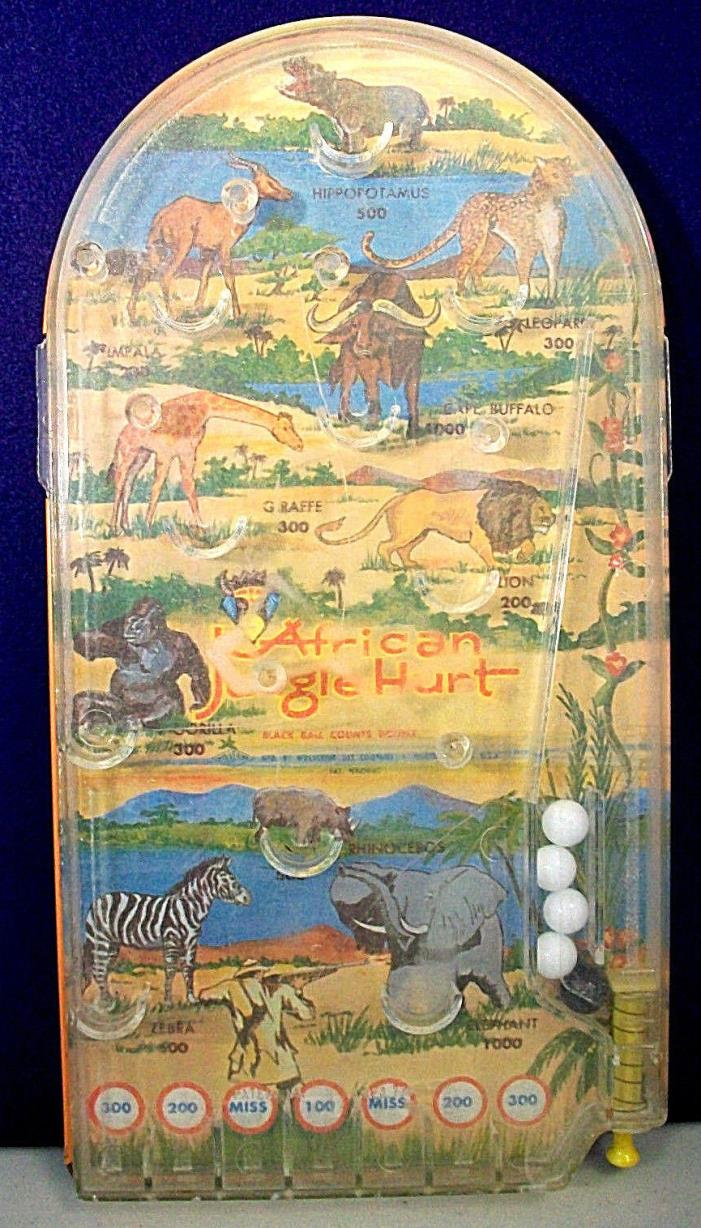 AFRICAN JUNGLE HUNT PINBALL GAME WOLVERINE TOY VINTAGE '50s-'60s USA TIN LITHO