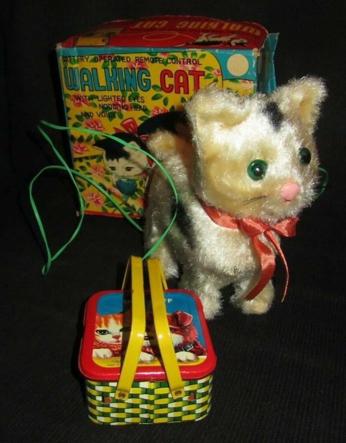 Vtg 1950'S JAPAN Remote Control Walking Cat Lighted Eyes Nodding Head Meow Toy