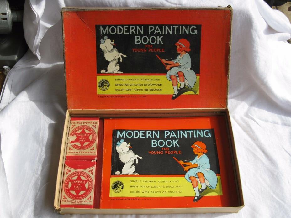 1930's MODERN PAINTING BOOK FOR YOUNG PEOPLE w/ Box & Crayons (Platt & Munk Co.)