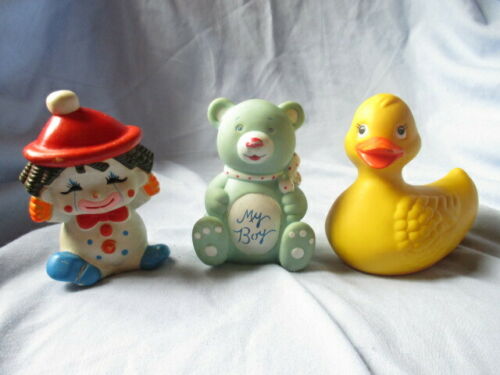 3 Vintage rubber squeak toys CLOWN Teddy Bear and Rubber duck