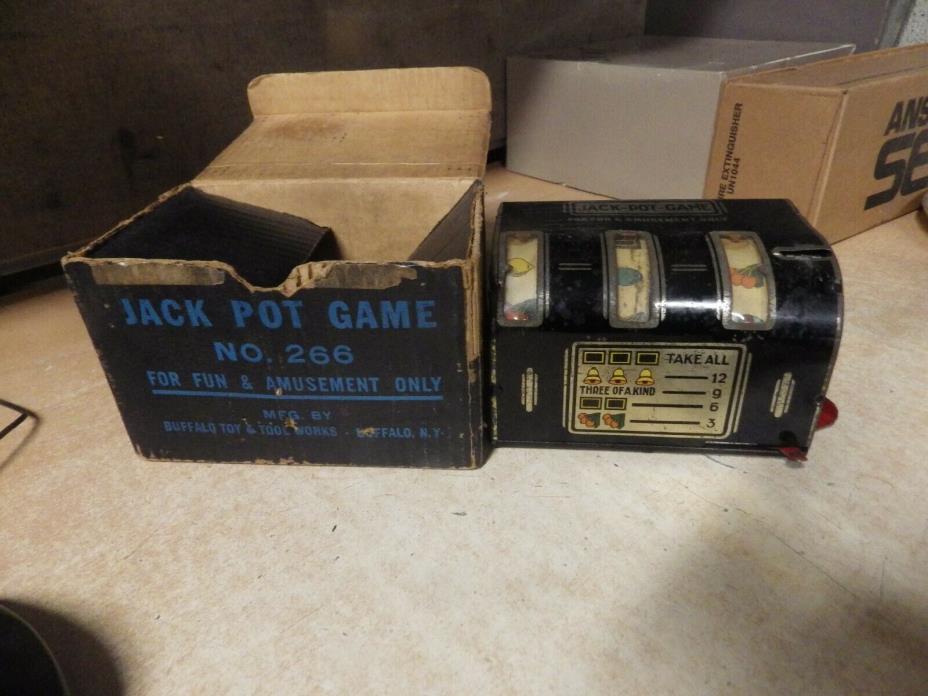 ANTIQUE JACKPOT GAME SLOT MACHINE BUFFALO TOY CO. TIN & METAL W/ BOX #266