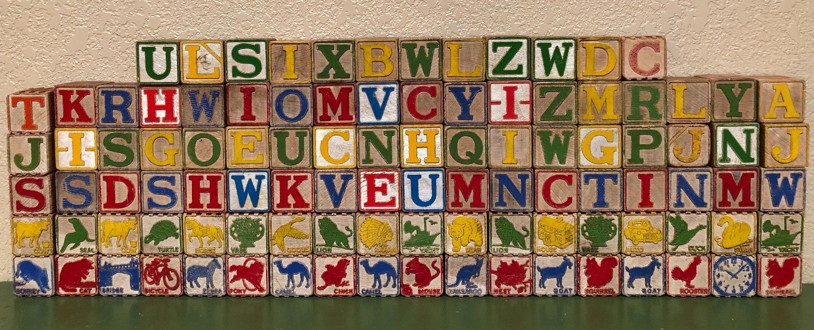 Vintage Antique Wooden Alphabet Blocks Assorted Some Ribbed 112 Count 1 1/4