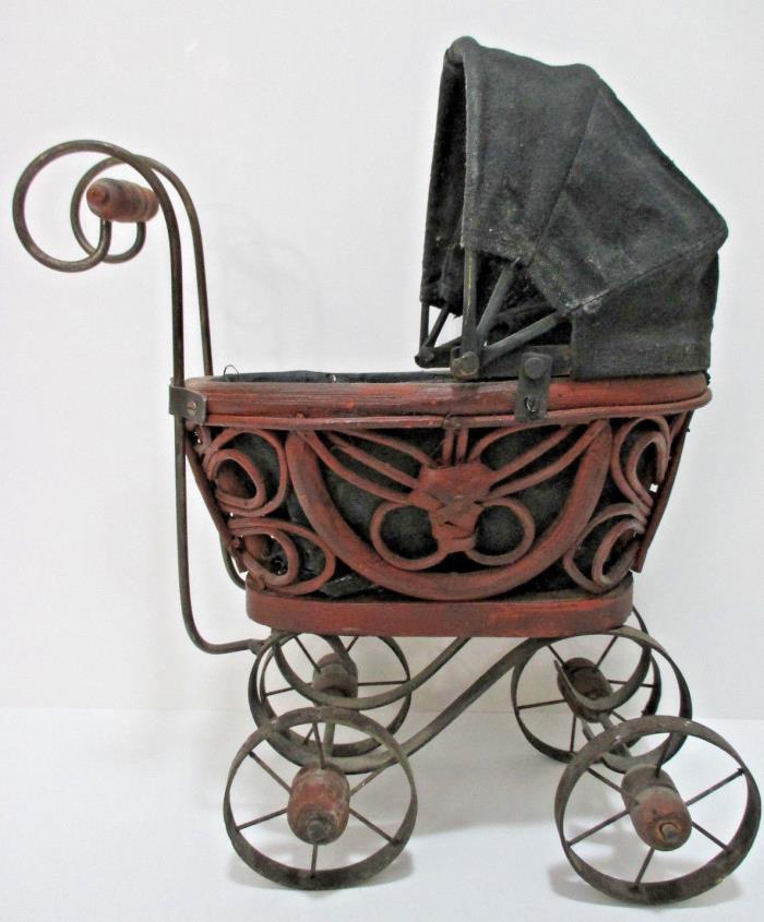 Antique Cast Iron & Wood Wicker Victorian Baby Doll Toy Buggy Stroller Carriage