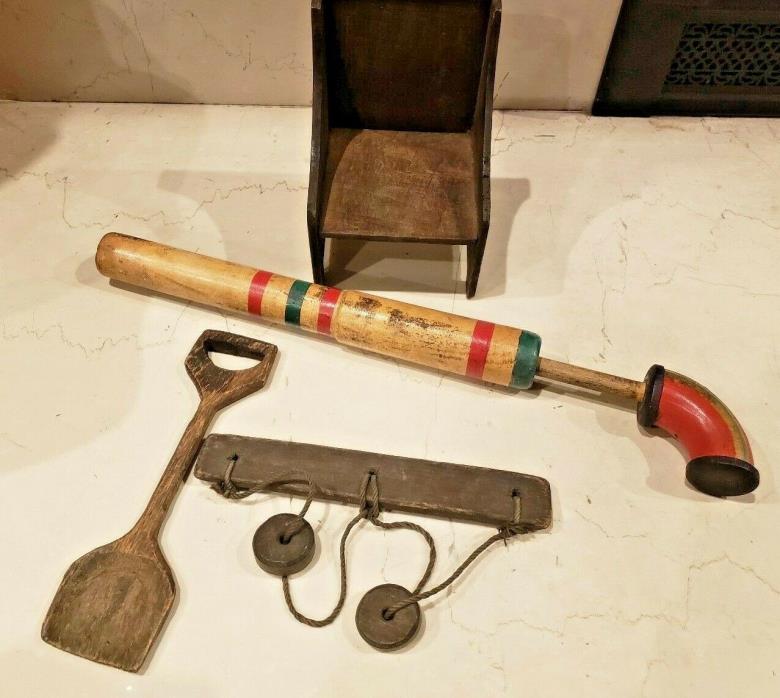 Antique Handmade Wood Game Toys   (4)  Chair, Stick, Shovel, Marionette Pulley