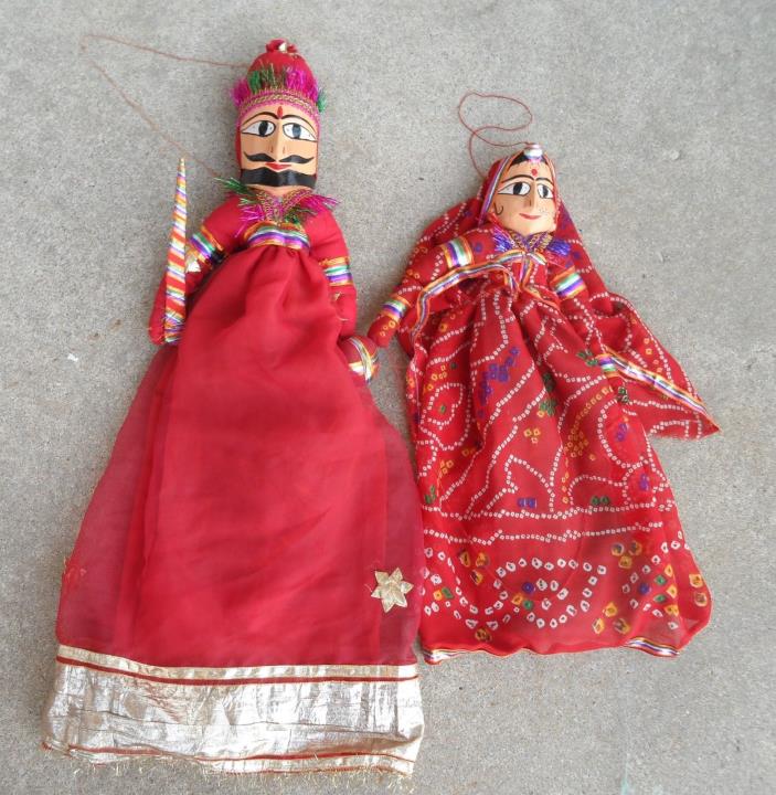 Puppets (2) Wood King Queen Handmade Folk Art Marionette punch judy VTG royals