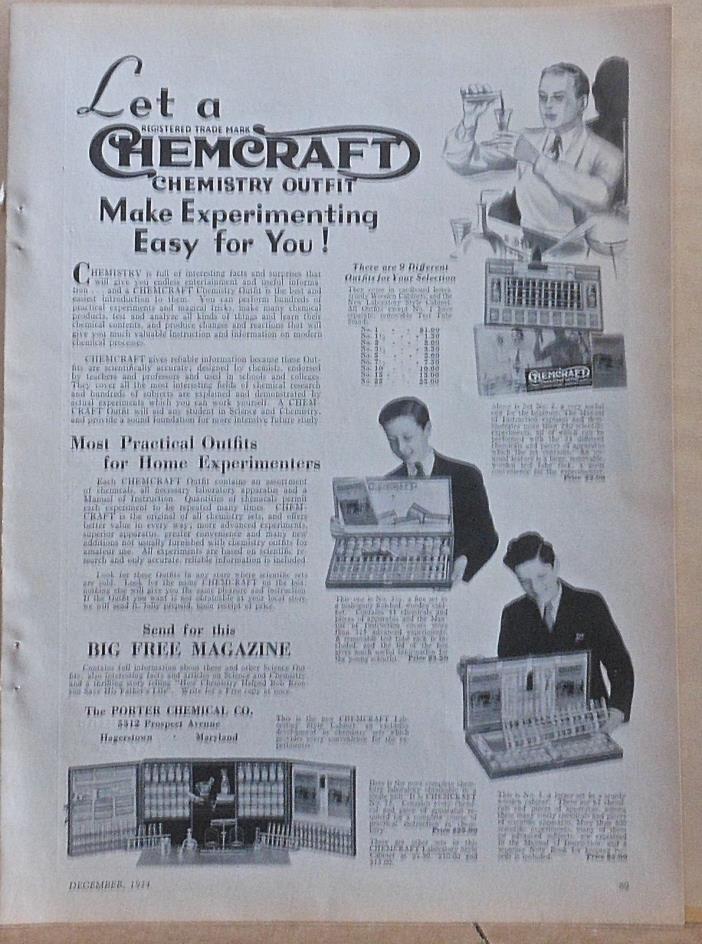 1934 magazine ad for Chemcraft Chemistry Outfits - for Home Experimenters, easy