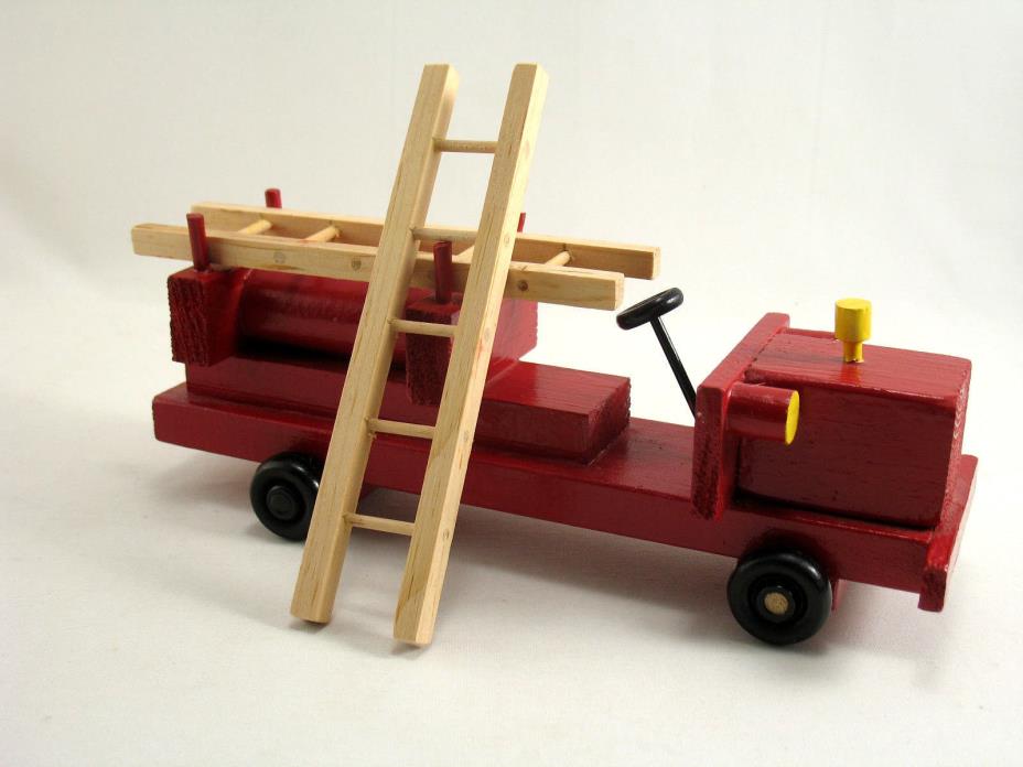 Handmade Wood Fire Truck and Ladders 9 1/2