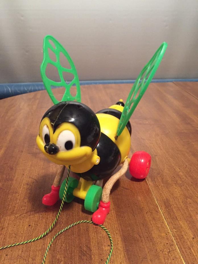 Vintage BEE PULL TOY Black/Yellow BEE with Green/Orange Wheels