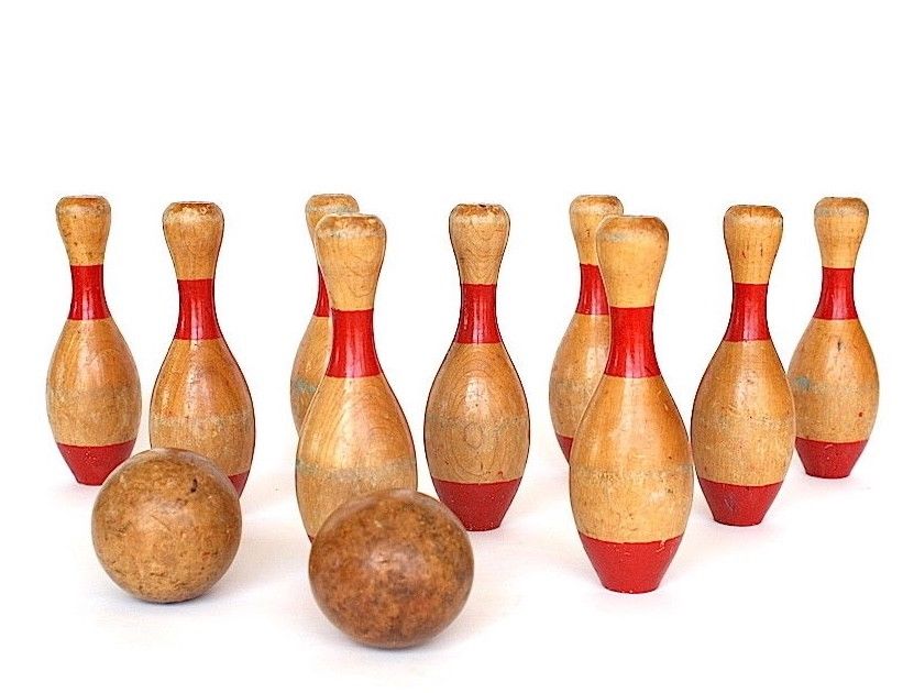 VINTAGE Skittles Bowling Game 9 Pin Wood Bowling Pins Wooden ANTIQUE TOY Decor