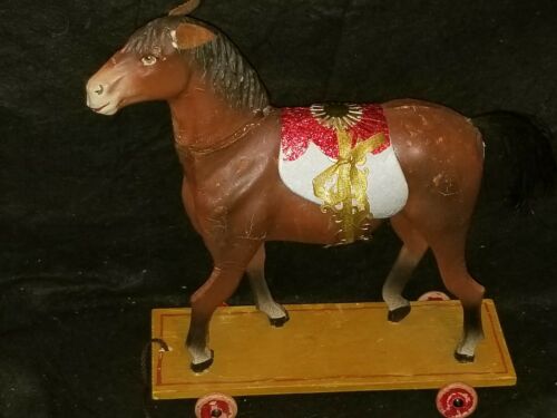 VINTAGE LARGE GERMAN PULL TOY PAPIER MACHE CANDY CONTAINER HORSE ON WHEELS