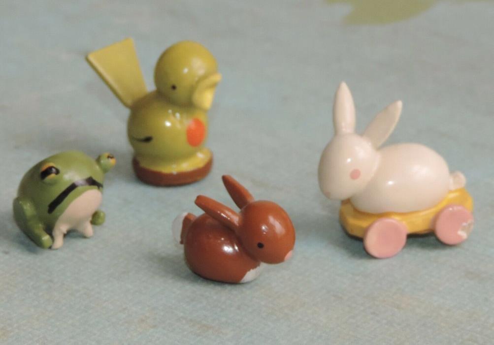 Vintage Erzgebirge German Wooden Miniatures Bunny Pull Toy Frog Bird 4pc