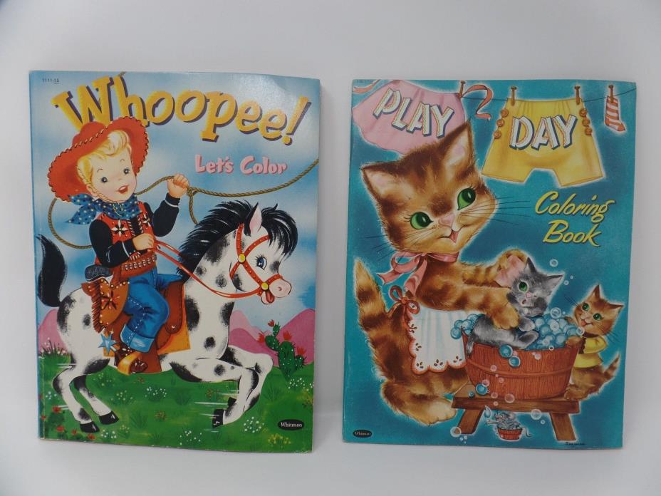 2 Vintage Whitman Coloring Books 1951 Play Day & 1954 Western Whoopee!