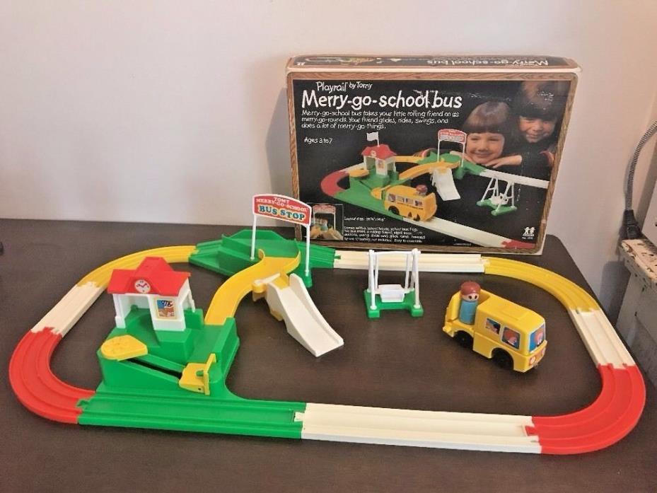 Vintage Playrail by Tomy Merry Go School Bus Track Bus Swing Slide Toy 1976 VTG