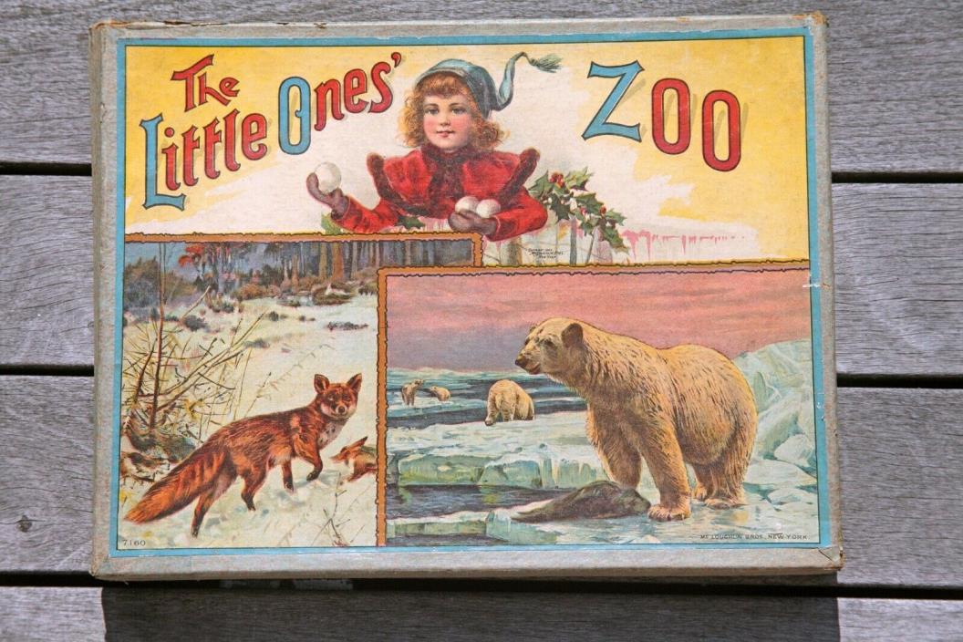 The Little Ones Zoo - Chromo-lithograph Animals w Wooden Stands RARE ANTIQUE