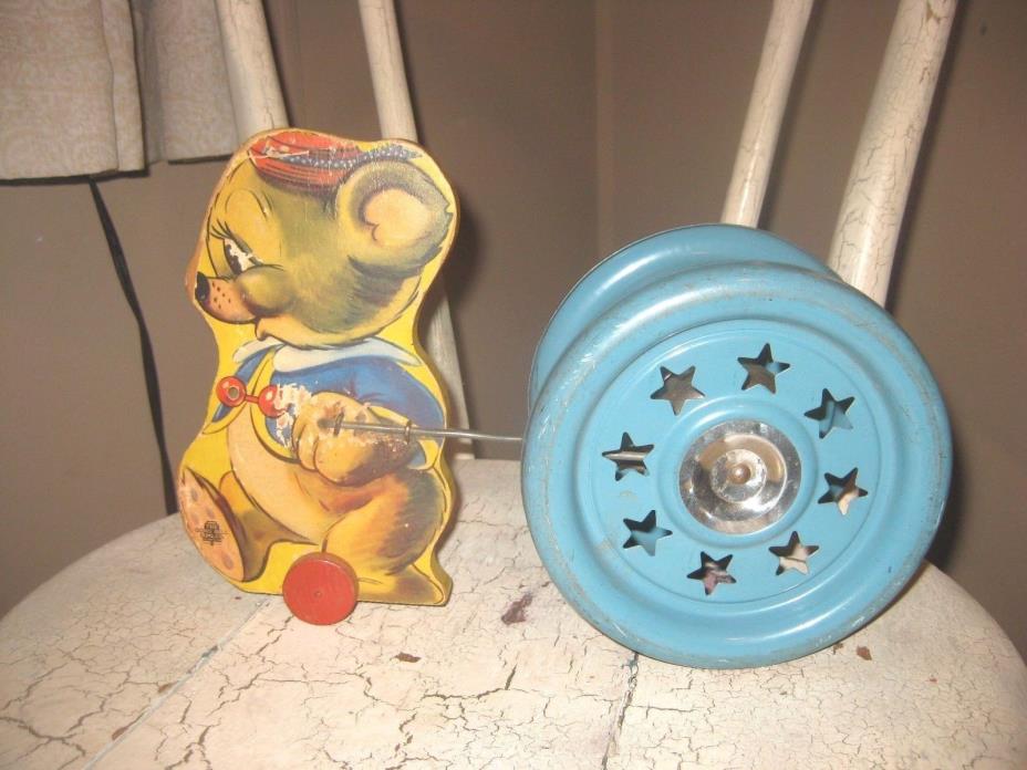Antique Ringing Jingling 1940 Floor Pull Toy Wood  Mouse Gong Bell Toy Co