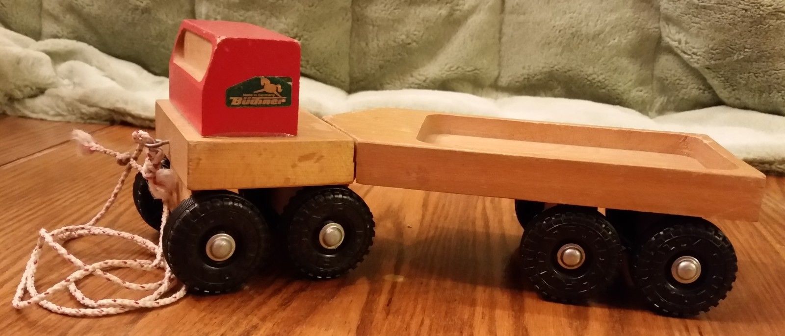 Vintage Büchner wooden truck pull toy with separate trailer made in Germany