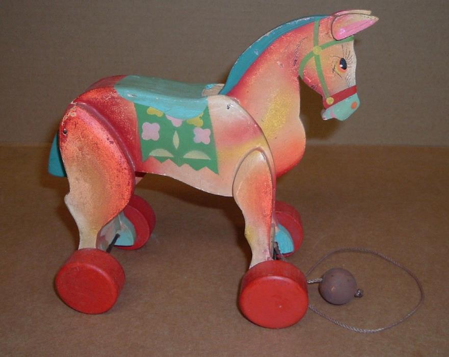 OLD ROCKING HORSE  Pull Toy Head And Tail Move 1940's Vintage