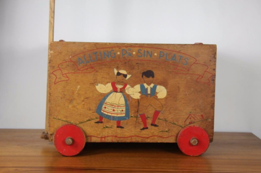 Antique Children's Wooden Toy Chest Box, Swedish Dutch Wagon