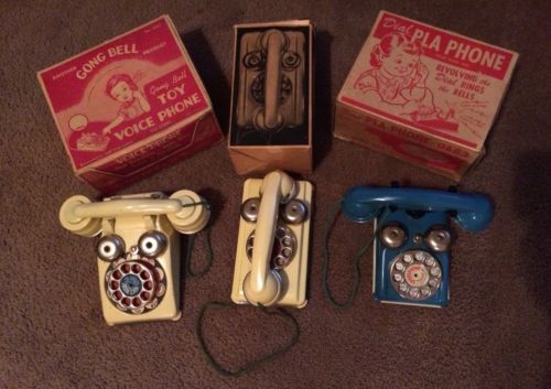 THREE styles Of Gong Bell Toy Phones,Steel/Tin *ALL in Original Boxes 1940-50’s