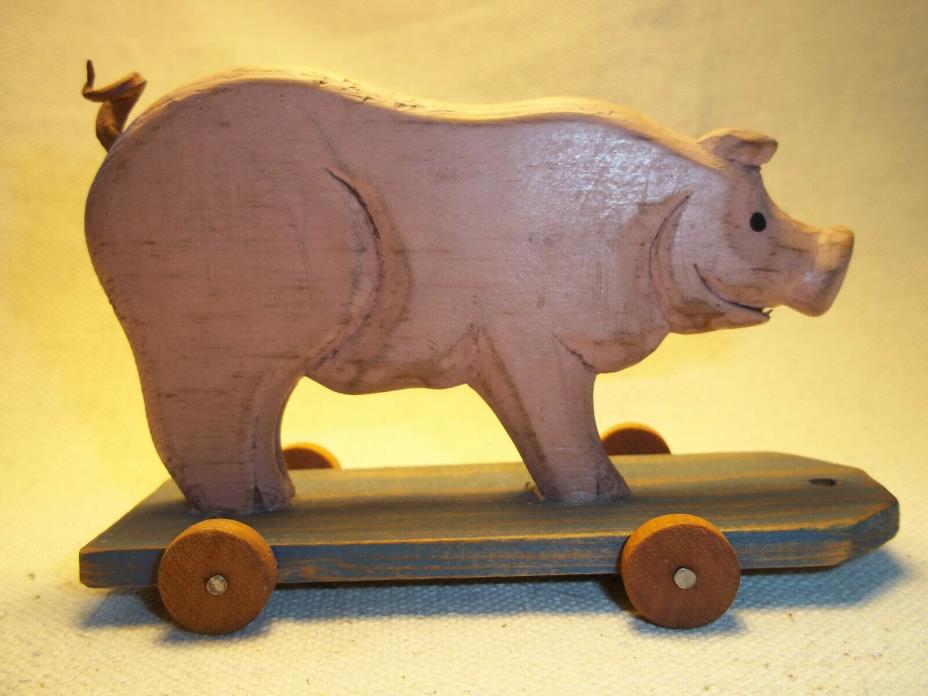 Vintage Robert Kauffman Small Handmade Wooden Pig Folk Art Pull Toy Artwork 5