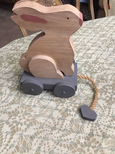 VINTAGE HANDCRAFTED WOODEN RABBIT ON WOODEN TRAILER ROPE PULL TOY