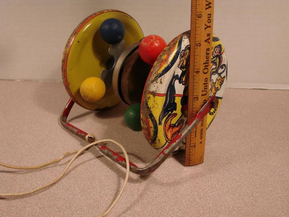 Vintage Metal Pull Toy w/Circus Animal Theme.