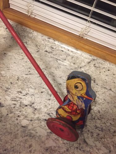 Antique Vintage Kids Wooden Painted Duck Push Stick Toy Metal Wheels