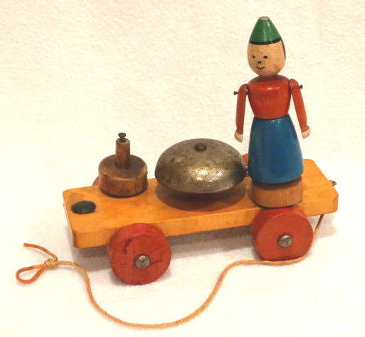 Antique German Wooden Pull Toy with Bell, 6.5