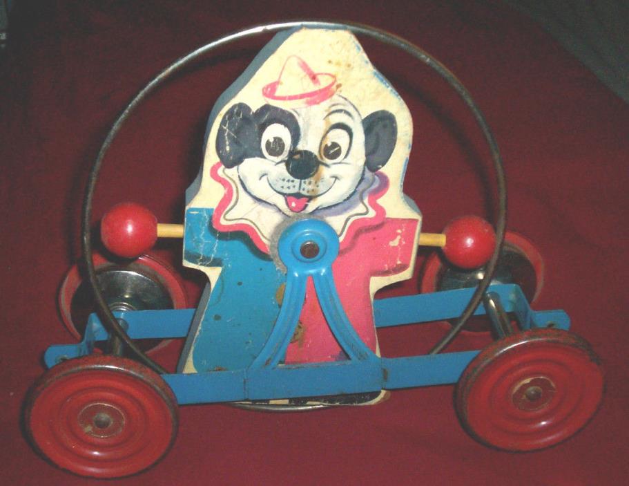 Rare Vintage Gong Bell Puppy Dog Clown Circus Pull Toy with bell wheels