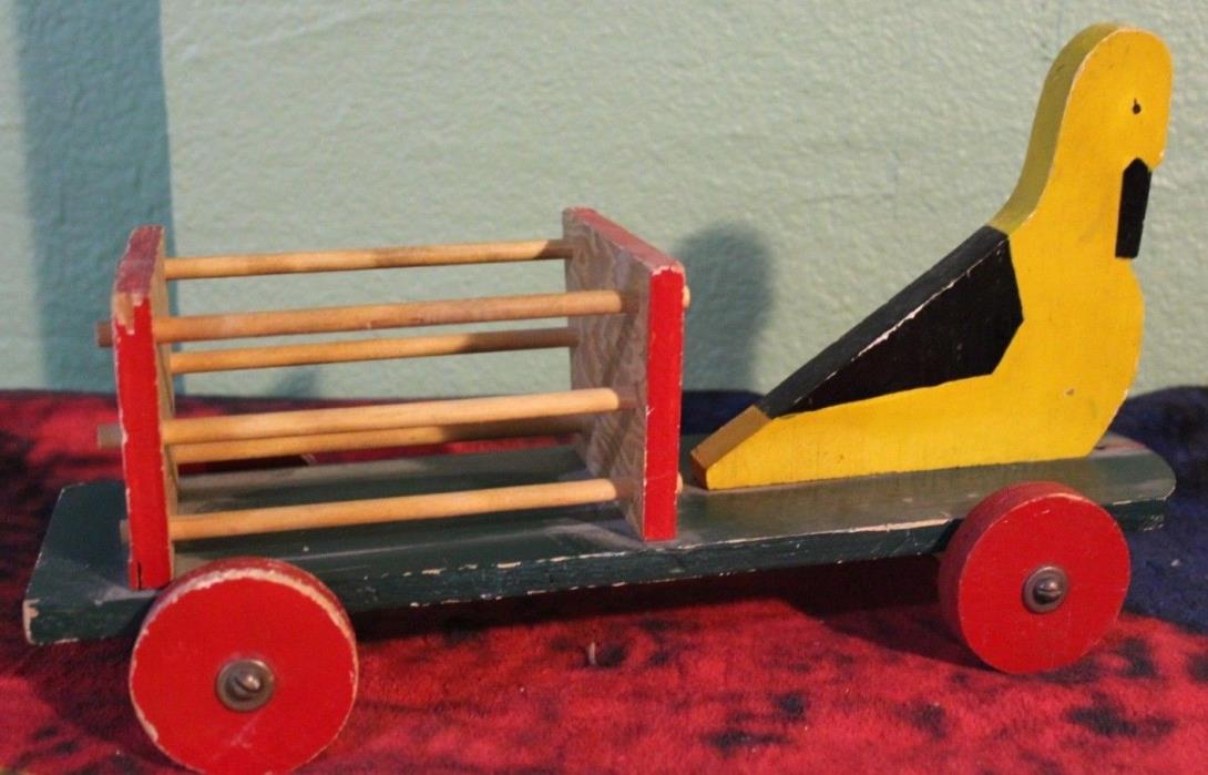 Vintage 1960s Wood Duck Toy, Pull Toy, Complete