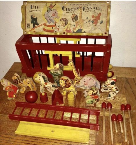 RARE 1932 Complete Vintage Fisher Price Woodsy Big Performing Circus Pull Toy