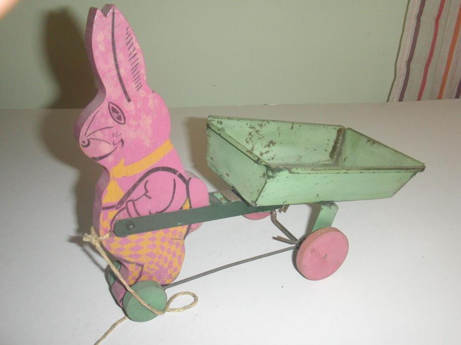 1930's Vintage Easter Bunny Rabbit Pull Toy - wood & tin