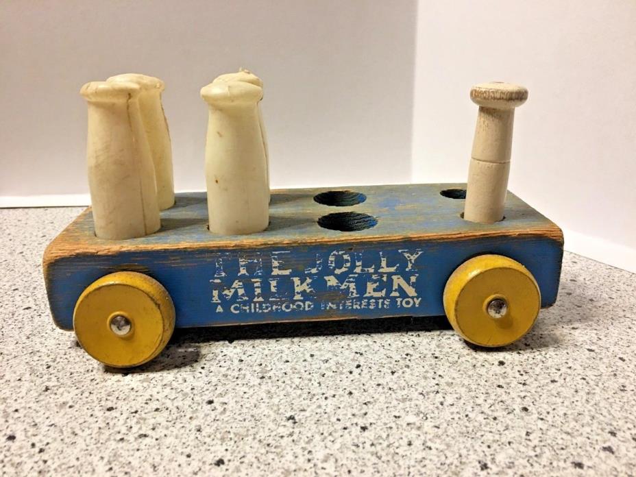 Vintage 1960's Jolly Milkmen Wooden Pull Toy Dairy Bottles 9
