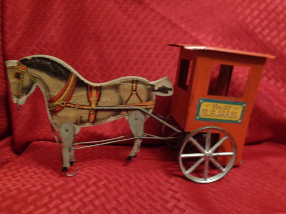 Early 1900s Antique Gibbs Wood Lithograph Horse US Mail Postal Vehicle Pull Toy