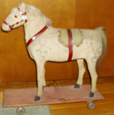 Early 1900s Lg German White Horse Pull Toy EC ANTIQUE