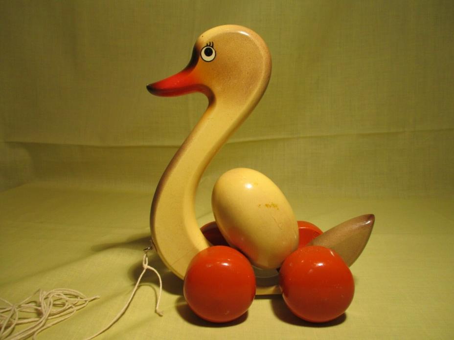 VINTAGE KOUVALIAS WOODEN PULL TOY DUCK / SWAN WITH TUMBLING EGG
