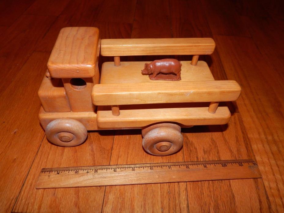 Vntg Handmade Folk Art Toy Truck Wooden Large Pull Push Rolls Rubber Auburn Pig
