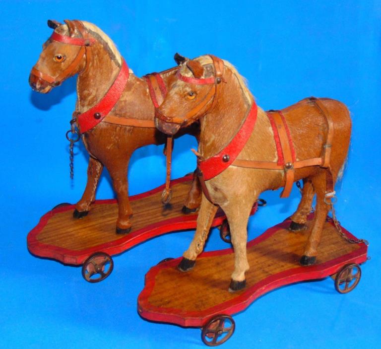 EX rare 2 Victorian SPLENDID Twins  paper  mache HORSES Pull toy  real  hair