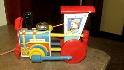 SCARCE VINTAGE 1940-1960 WOOD PULL TOY RAILROAD CATCH UP TRAIN