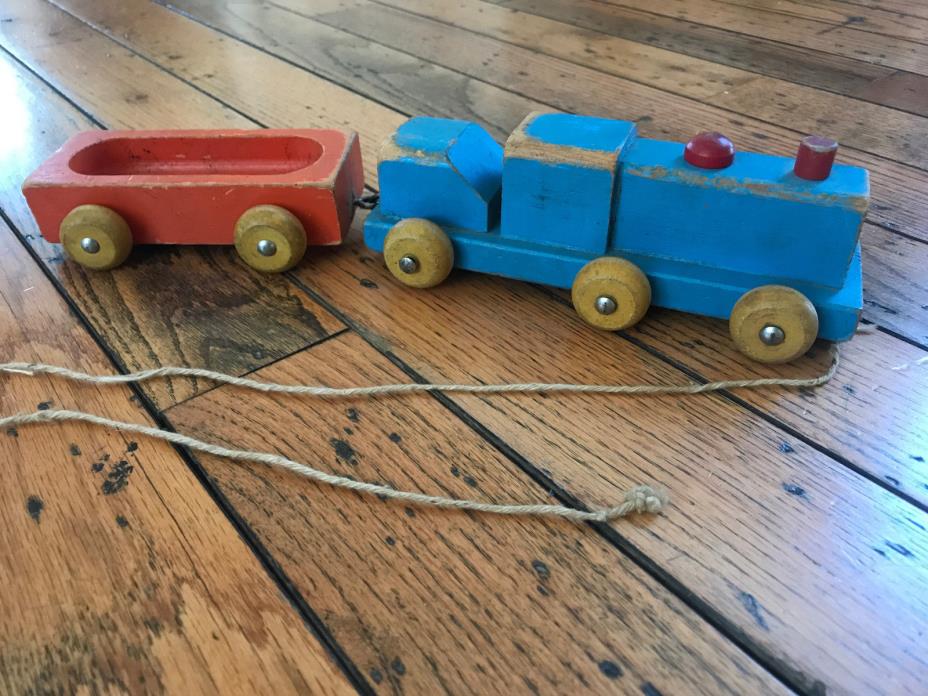 Wooden pull along toy train, vintage, engine plus car, painted