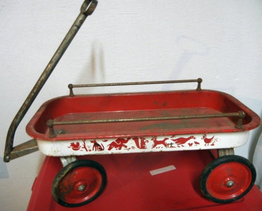 VINTAGE CHRISTMAS DAY 1930'S ANTIQUE METAL & TIN PULL TOY RED WAGON WITH RAILS