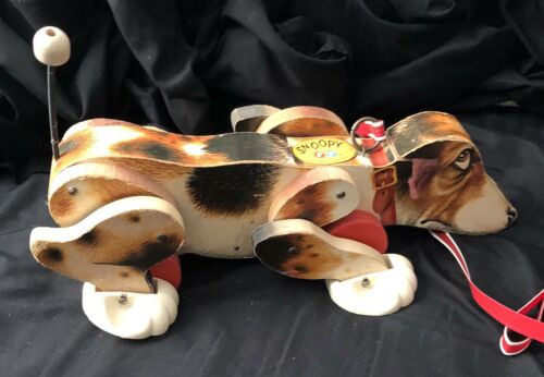 1961 Fisher Price SNOOPY Dog 181 ALL WOOD Vintage BARKING Pull Toy