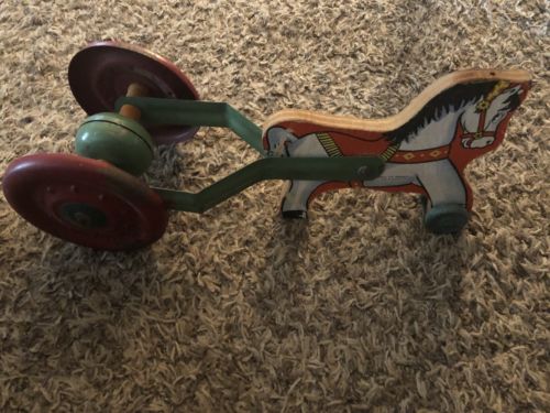 VINTAGE WOOD HORSE PULL TOY/ METAL WHEELS AND BELL