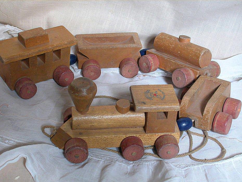 Vintage Wood Pull Train made by Young Things Toys Engine 3 Cars & Caboose 1950s