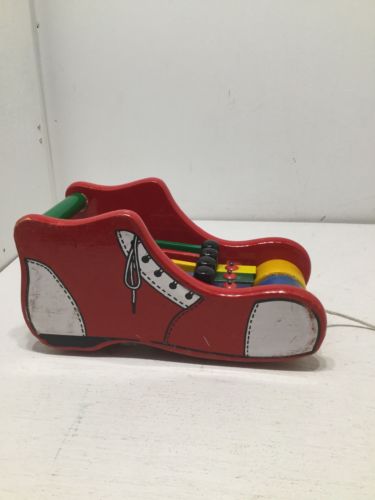 Kouvalias Red Wooden Musical Shoe Pull Toy.  Made in Greece - Vintage -Xylophone