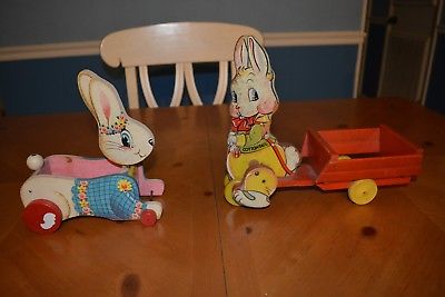 525 FISHER PRICE RARE 1940 COTTON TAIL BUNNY PULL TOY + FREE 307 BUNNY PULL TOY