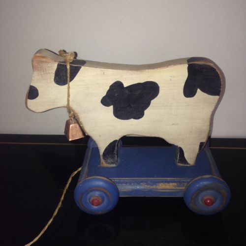 VINTAGE RUSTIC WOOD COW PULL TOY WITH WORKING BELL 9